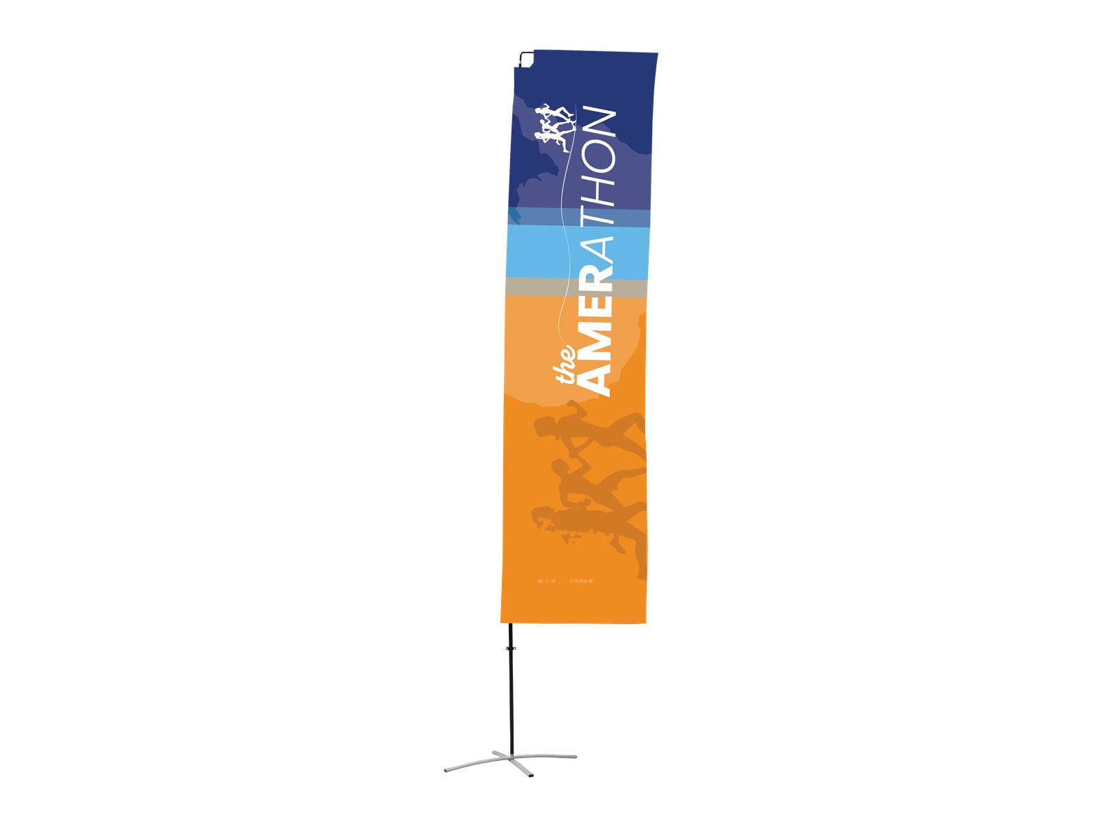 Large Edge event flag with a tall squared printed graphic panel on a portable pole.