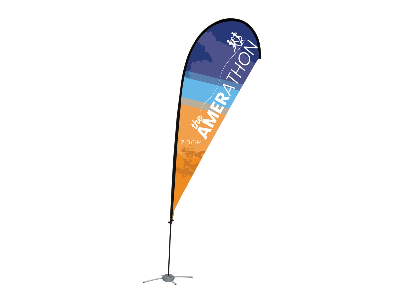 Medium Teardrop event flag with a rounded printed graphic on a portable pole.