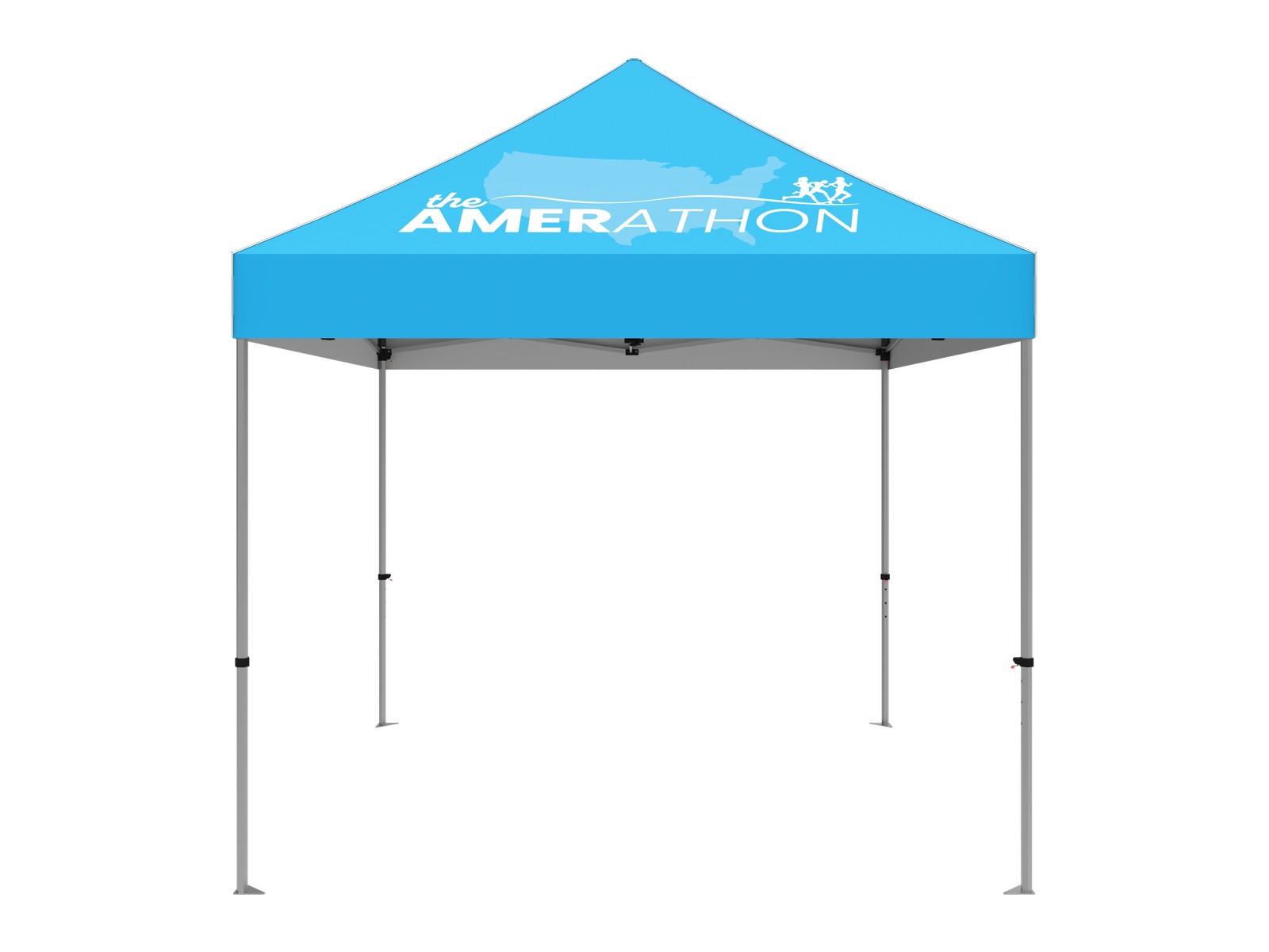 Branded 10x10 standard event tent shown without accessories. Representative image: this package adds a tent-mounted flag accessory that is not pictured.