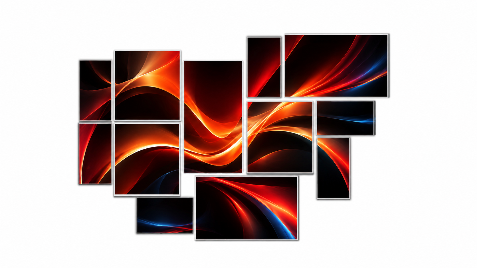 Videri wireless Canvas Wall with eleven coordinated displays showing one continuous red and orange abstract composition