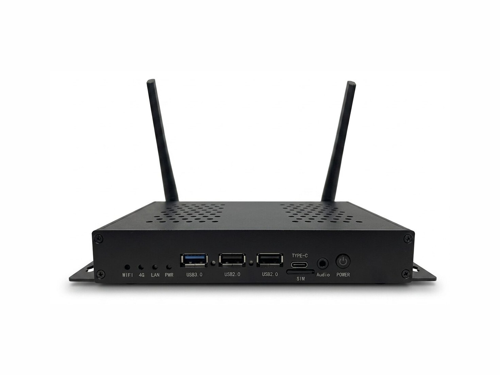 Videri SparkBridge media player shown from the front with its wireless antennas extended.