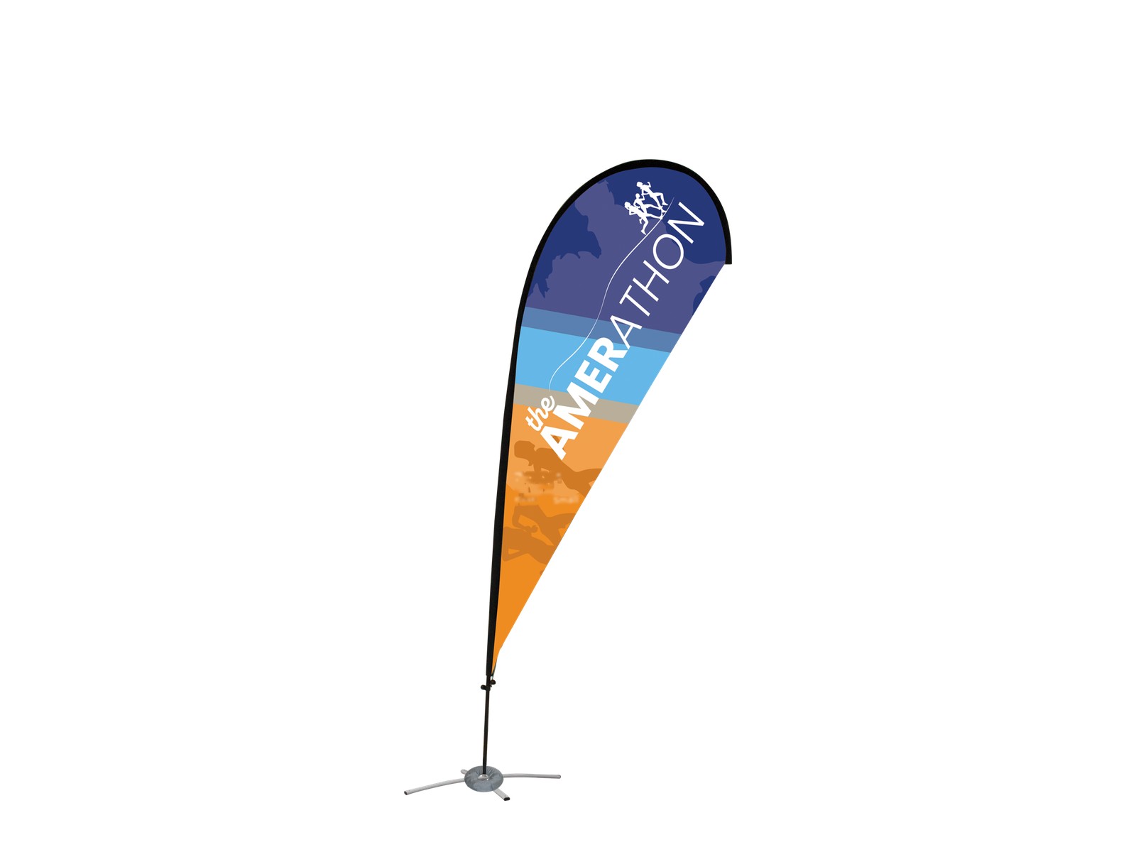 Small Teardrop event flag with a rounded printed graphic on a portable pole.