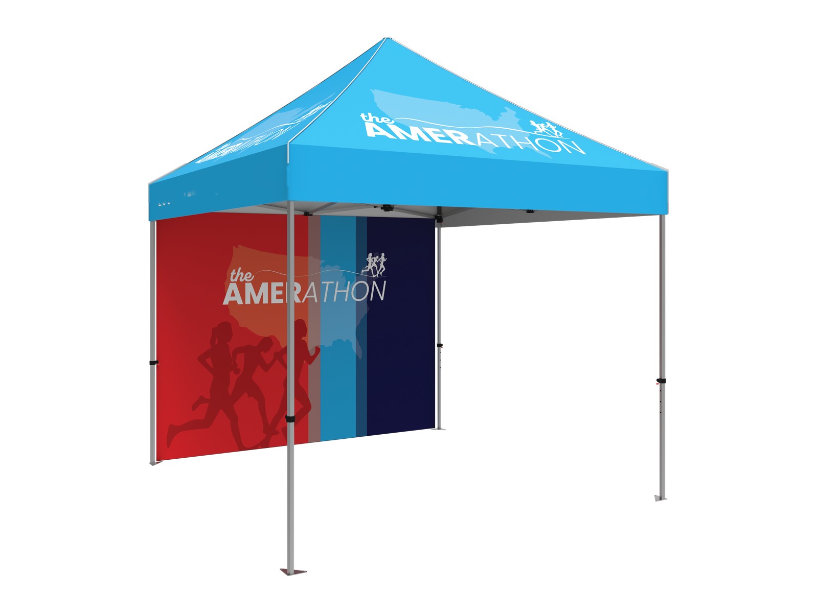 Branded 10x10 standard event tent shown with one printed full back wall.