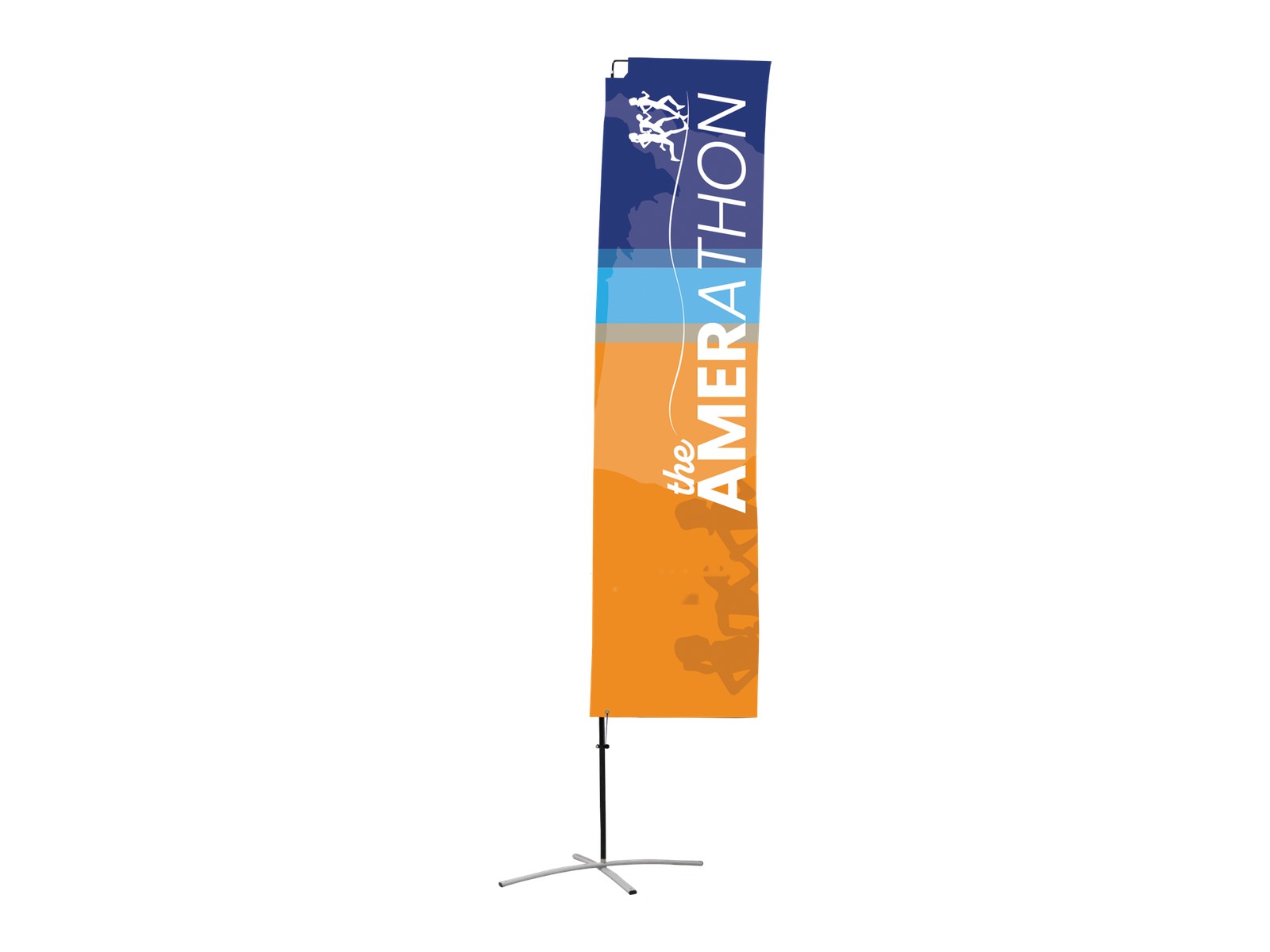 Small Edge event flag with a squared printed graphic panel on a portable pole.