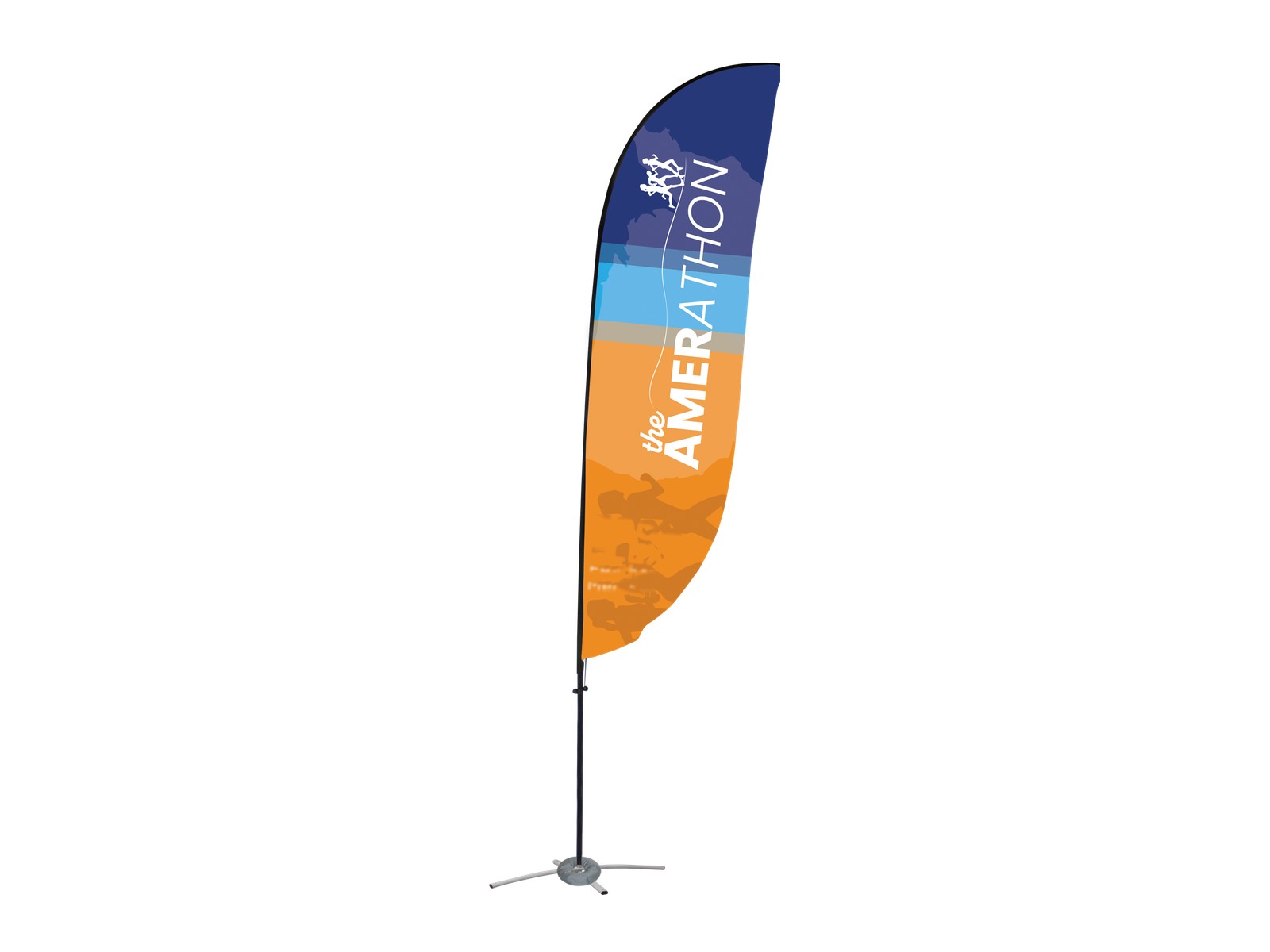 Medium Feather event flag with a curved printed graphic on a portable pole.
