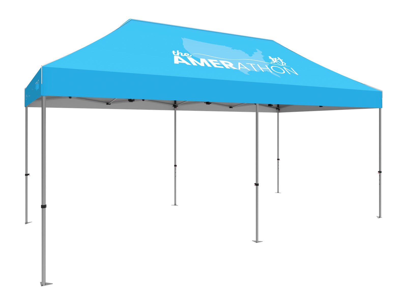 Branded 10x20 standard event tent with a wide printed canopy and open sides.