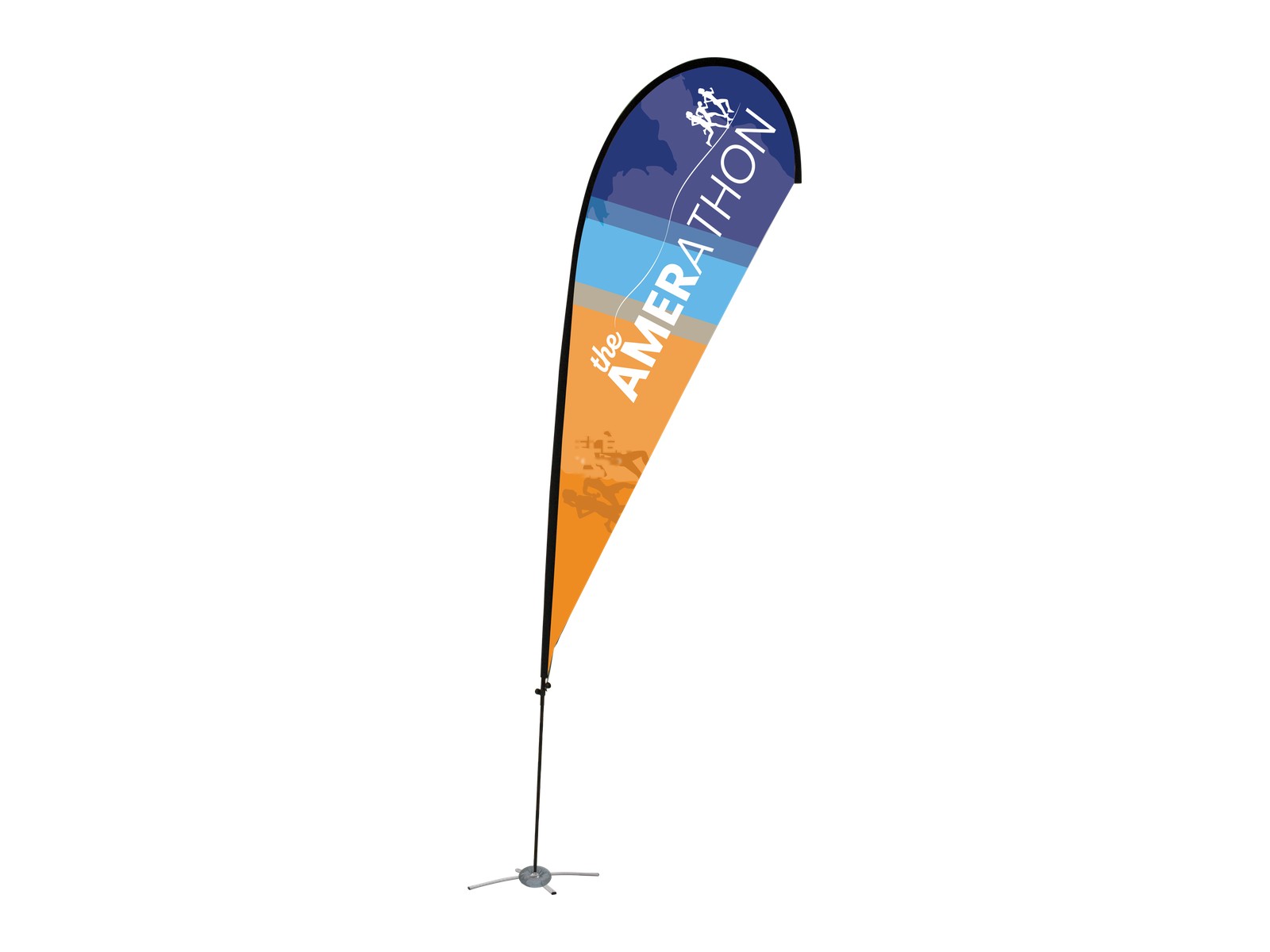Large Teardrop event flag with a tall rounded printed graphic on a portable pole.