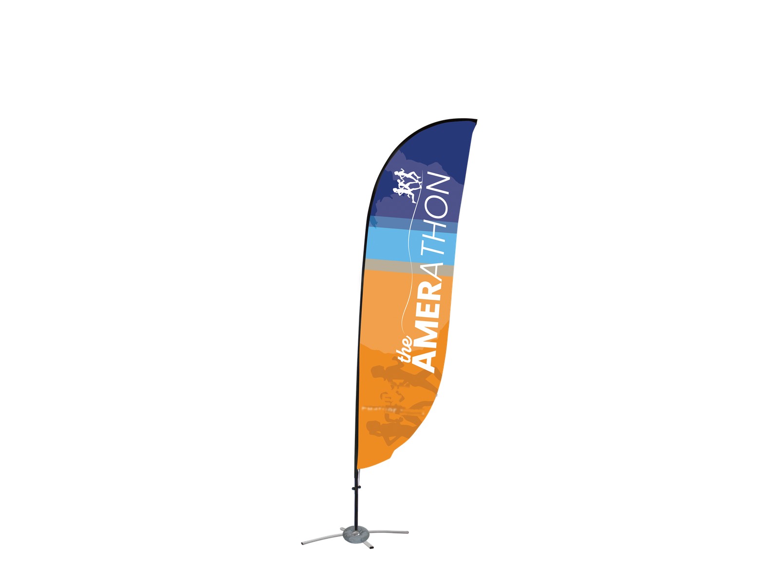 Small Feather event flag with a curved printed graphic on a portable pole.