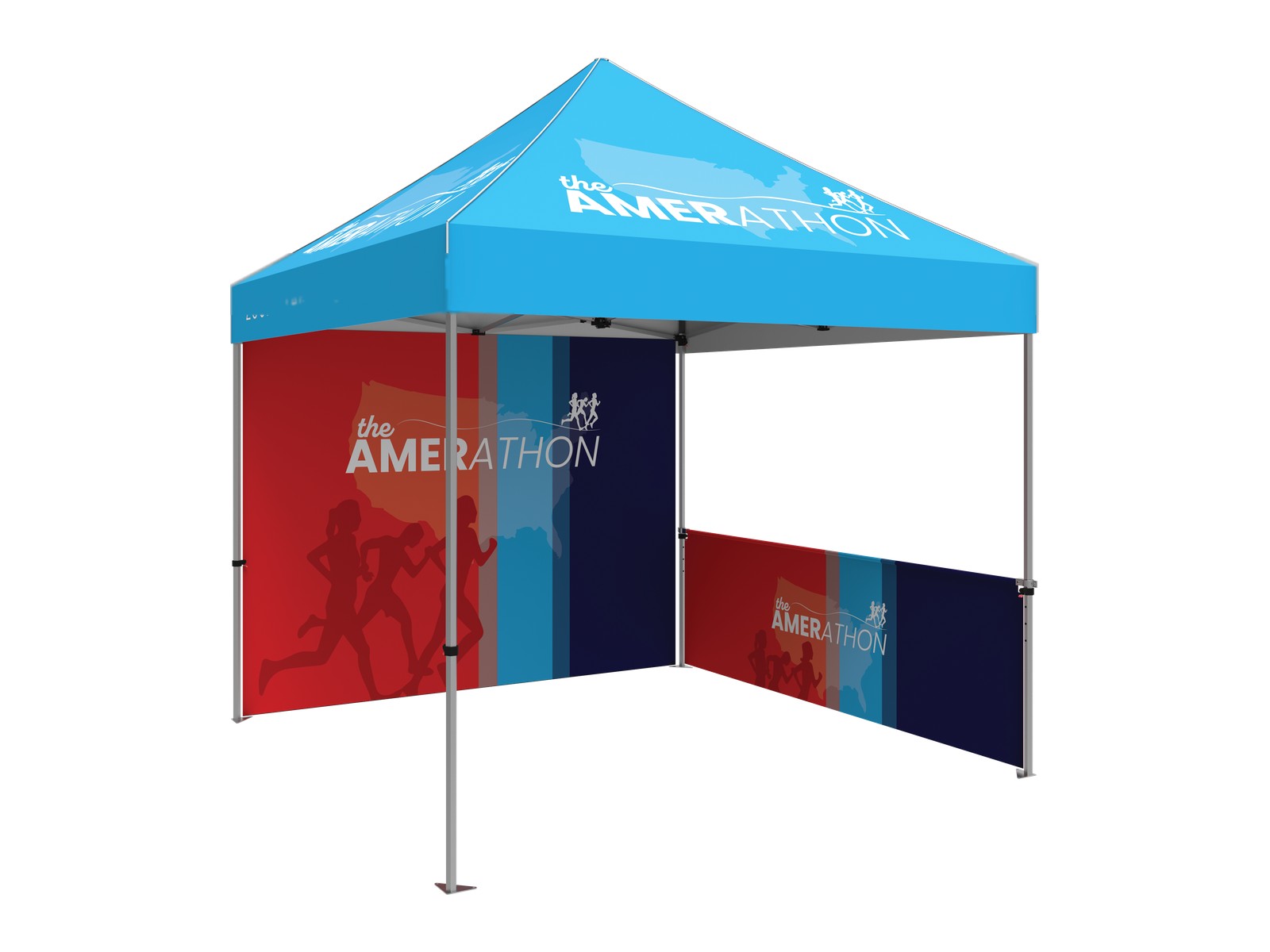 Branded 10x10 standard event tent shown in a printed wall configuration. Representative image: this option ships with two printed half walls rather than the exact wall arrangement pictured.