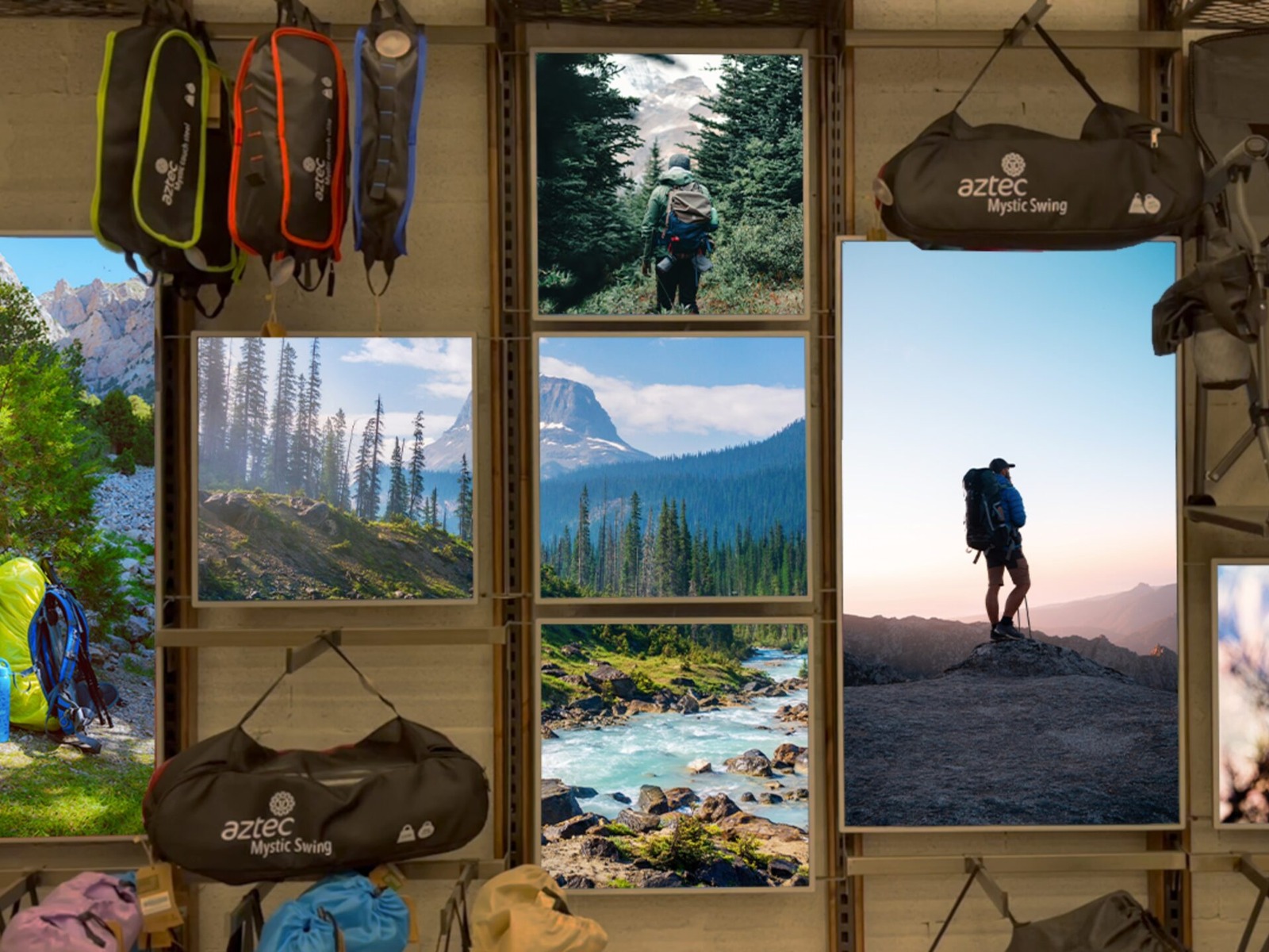 A wall of Videri Digital Canvases installed together displaying coordinated brand imagery in a retail environment.